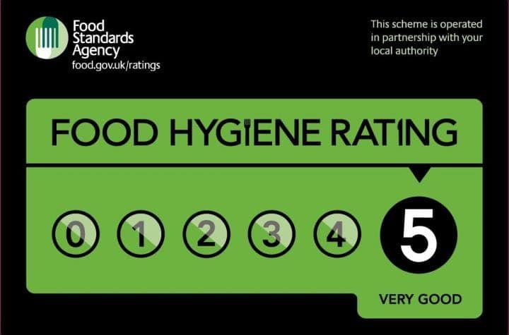 Food Standards Agency food hygiene rating certificate with a 5 Very Good rating