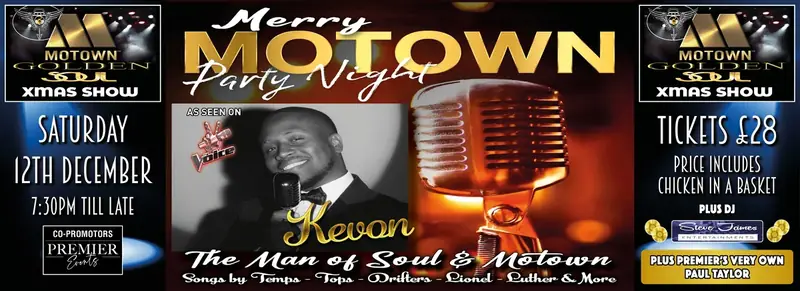 Merry Motown Party Night with Kevon The Man of Soul and Motown, Saturday 12th December, tickets £28 poster