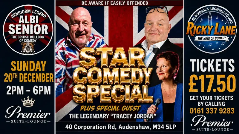 Star Comedy Special with Albi Senior and Ricky Lane plus Tracey Jordan, Sunday 20th December 2pm to 6pm, tickets £17.50 poster