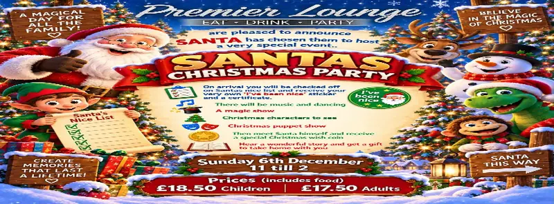 Santa's Christmas Party poster with Santa, an elf, a reindeer and a snowman, Sunday 6th December 11 till 2