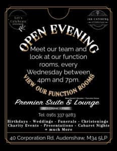 Open evening poster inviting you to view our function rooms every Wednesday between 4pm and 7pm